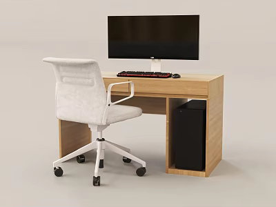 Wooden Office Desk With White Ergonomic Chair Computer Monitor Keyboard And Mouse Black CPU Unit 3d model