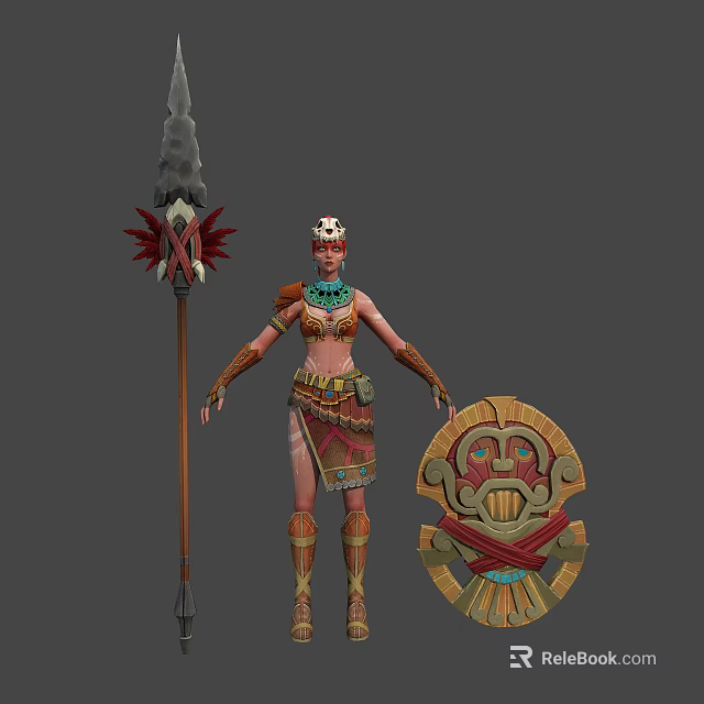 Tribal Warrior With Decorative Armor Spear And Mythical Creature Shield Design 3d model