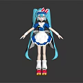 Children's Cute Anime Style Doll With Blue Hair Red White Hat And Maid Outfit