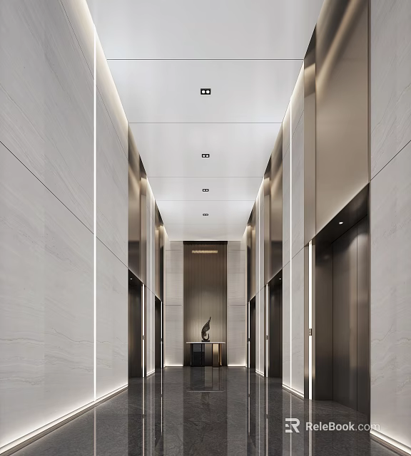 Modern Elevator Lobby With Stone Walls And Recessed Lighting 3d model