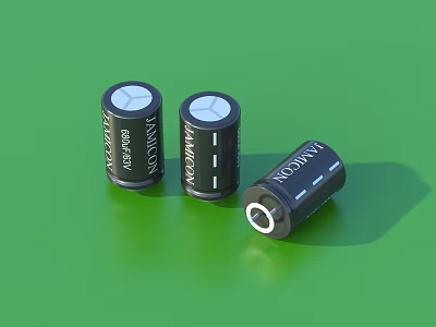 Three Black Cylindrical TANCON 680mAh Household Batteries On Green Surface 3d model