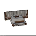 Upholstered Modern Double Bed In Background With Beige Brown Headboard And Pillows 3d model