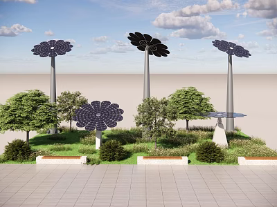 Garden Landscape Design With Solar Flower Structures Trees Shrubs Lawn And Stone Pavement 3d model