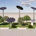Garden Landscape Design With Solar Flower Structures Trees Shrubs Lawn And Stone Pavement