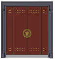 Dark Wooden Front Gate With Golden Circular Emblem Rivets And Black Frame