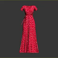 Red Polka Dot Maxi Dress with V Neck Short Sleeves and Waist Belt