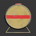 Yellow Cylindrical Storage Tank With Red Stripes And Three Red Lids On Metal Stand