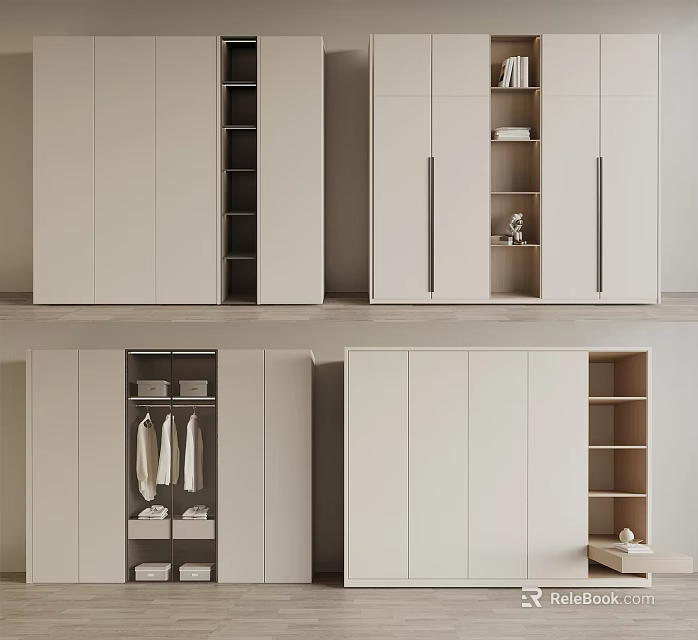 Modern Light Colored Wardrobe With Hanging Rods Drawers And Open Shelves Storage Design 3d model 
