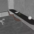 Modern Black Desk with Transparent Chairs Silver Dog Ornament Moon Shaped Lamp and Grey Wall