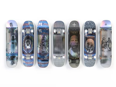 Various Skateboards With Unique Graphics And Artistic Designs On 3d model