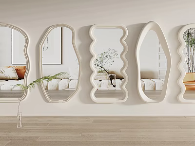 Various Shaped Mirrors As Stylish Wall Decor In Modern Living Room Interior Design 3d model