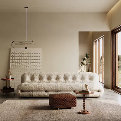 Minimalist Modern Living Room Interior With Beige Tufted Sofa Wavy Art And Natural Light 3d model