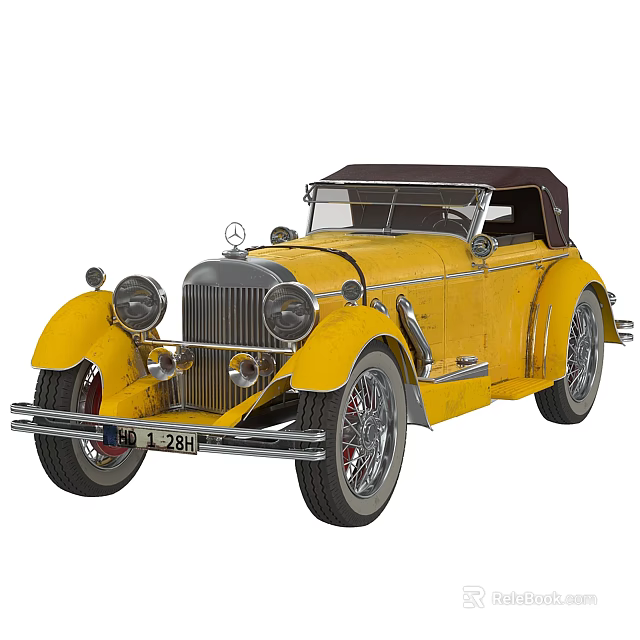 Yellow Vintage Convertible Car With Brown Soft Top 3d model 