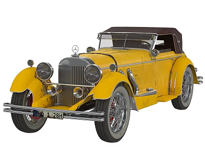 Yellow Vintage Convertible Car With Brown Soft Top 3d model