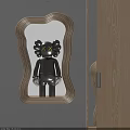 Wooden Wavy Frame Mirror With Black Doll And Yellow X Eyes On Gray Wall