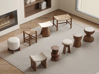 Various Modern Design Stools In Wooden And Upholstered Styles For Living Room Interior 3d model