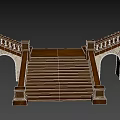 Elegant Wooden Staircase With Arched Sides Carved Handrails And Marble Accents