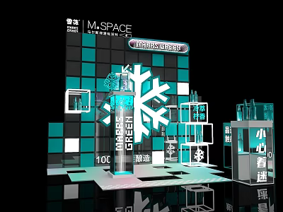 Snowflake Themed Photo Check-in Spot With Teal Green Square Tiles And Transparent Structures 3d model