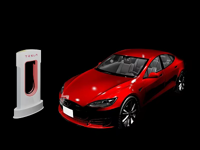 Red Tesla Electric Car Parked Next To White Charging Station With Sleek Design 3d model