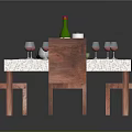 Dining Table Setup With Roasted Chicken Green Bottle Cutlery And Wooden Chairs