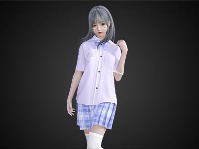 Woman With Gray Hair Wearing Pink Shirt And Plaid Skirt In White Knee High Socks 3d model