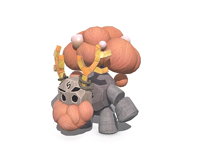 3D Cartoon Character With Orange Fluffy Hair Yellow Horns And Gray Stone Body 3d model