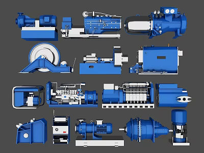 Various Blue Industrial Machinery Components Including Pumps Motors And Gearboxes 3d model
