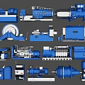 Various Blue Industrial Machinery Components Including Pumps Motors And Gearboxes