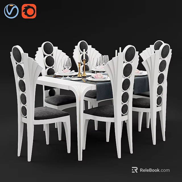 Elegant White Dining Table And Chairs With Black Circular Patterns Wine Glasses And Tableware 3d model 