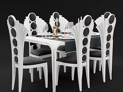 Elegant White Dining Table And Chairs With Black Circular Patterns Wine Glasses And Tableware 3d model