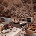 Elegant Modern Restaurant With White Wavy Ceiling Decorations Chandeliers And Flower Centerpieces On Dining Tables