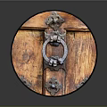 Ancient Circular Wooden Shield Weapon with Ornate Metal Decorations and Ring