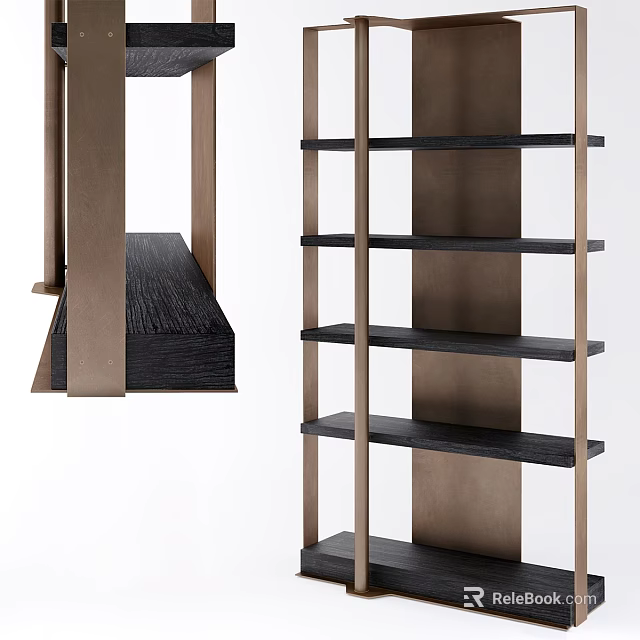 Modern Open Bookshelf With Black Wooden Shelves And Brass Metal Frame Design 3d model 