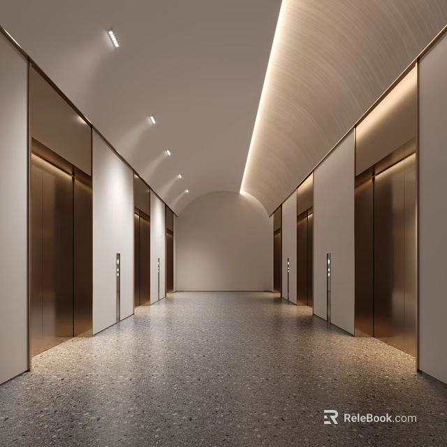 Modern Elegant Elevator Lobby With Arched Ceiling Recessed Lighting Metallic Doors And Terrazzo Flooring 3d model 