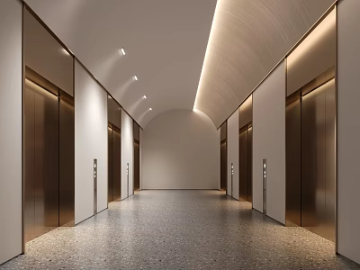 Modern Elegant Elevator Lobby With Arched Ceiling Recessed Lighting Metallic Doors And Terrazzo Flooring 3d model