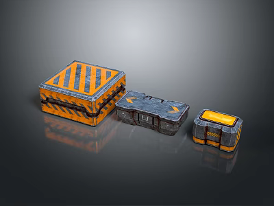 Industrial Equipment Storage Boxes in Different Sizes Orange Gray with Striped Design and Metal Edges 3d model