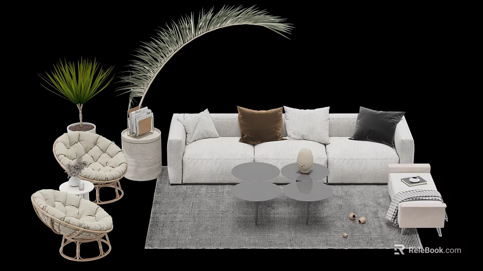 Modern White Sofa Coffee Table Set With Throw Pillows Wicker Chairs Gray Rug And Greenery 3d model