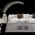 Modern White Sofa Coffee Table Set With Throw Pillows Wicker Chairs Gray Rug And Greenery 3d model