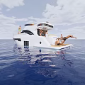 Luxury Yacht Sailing On Blue Ocean With Relaxing People