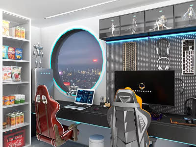 Modern Entertainment Room with Gaming Chairs Computer Setup Round Window City Night View Snack Shelves 3d model