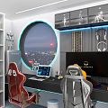 Modern Entertainment Room with Gaming Chairs Computer Setup Round Window City Night View Snack Shelves