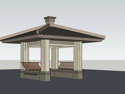 Traditional Garden Pavilion With Classic Roof Ornate Columns And Wooden Benches 3d model