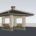 Traditional Garden Pavilion With Classic Roof Ornate Columns And Wooden Benches