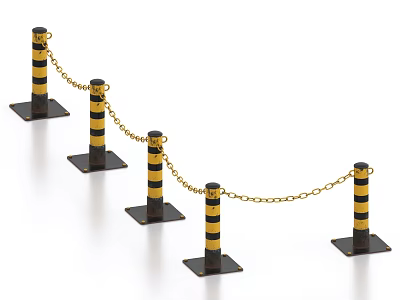 Black And Yellow Striped Railing Posts With Gold Chains And Square Bases 3d model