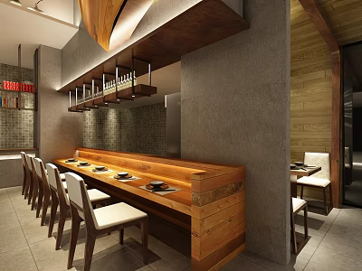 Modern Restaurant Interior With Wooden Counter High Chairs Lighting Fixtures And Gray Walls 3d model