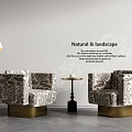 Stylish Single Sofa With Patterned Fabric And Gold Base In Natural Landscape Interior 3d model