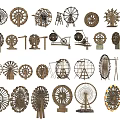 Various Wooden Garden Ornaments With Windmills Wheels And Decorative Structures