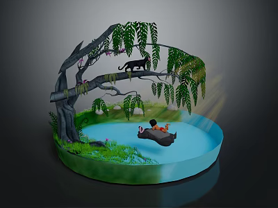 Cartoon Scene with Willow Tree Leopard on Branch Pond and Boat with Characters 3d model