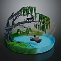 Cartoon Scene with Willow Tree Leopard on Branch Pond and Boat with Characters