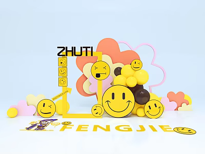 Vibrant Smiley Faces Decor With Colorful Clouds Balloons And ZHUTI FENGJIE Elements 3d model